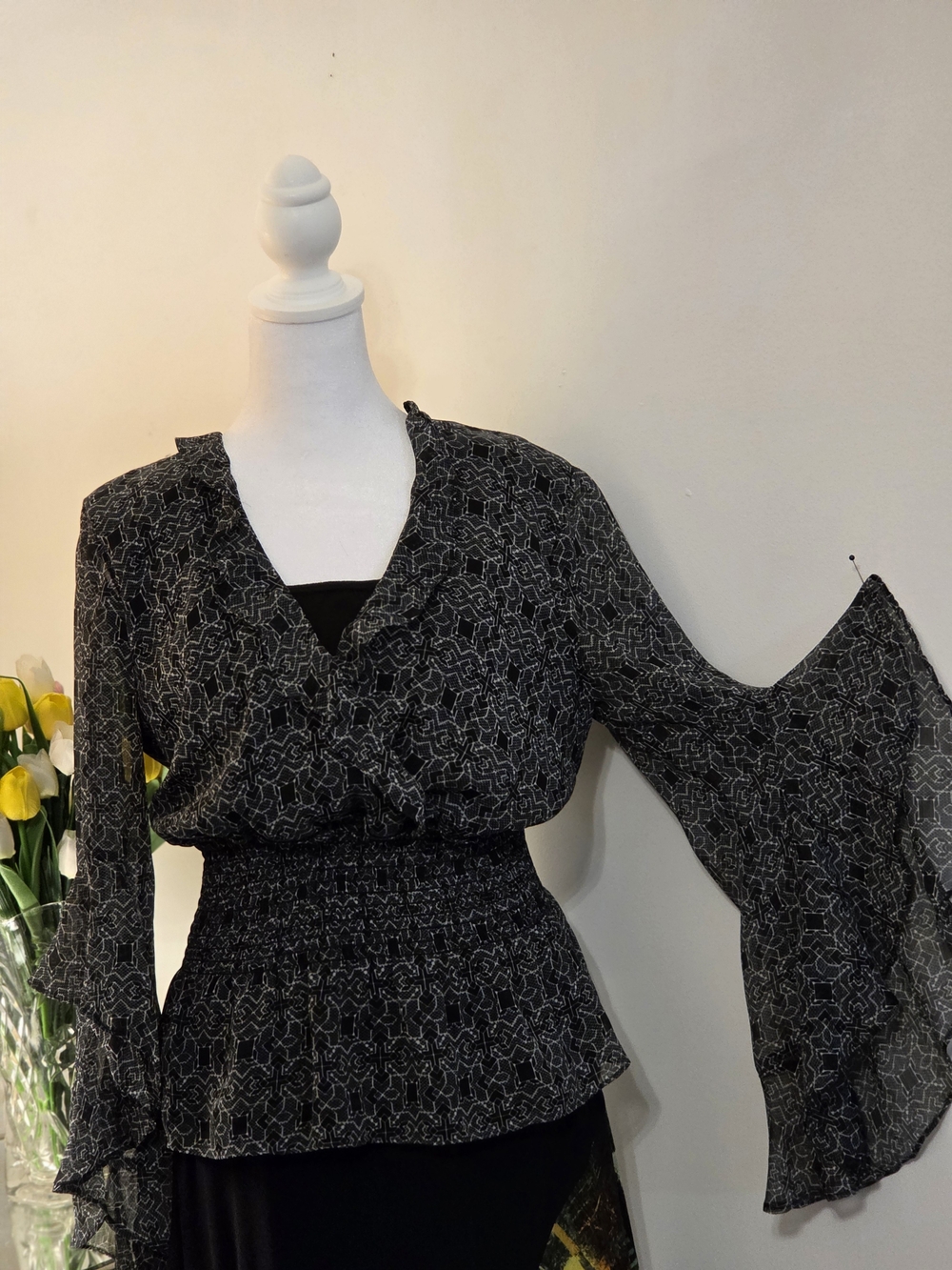 Max Studio Black Geometric Smocked-Waist Blouse